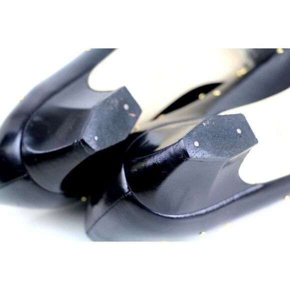 VTG Town Shoes BLACK REAL LEATHER POINTED MID HEEL STUDS CLASSIC PUMP SHOES 6.5M - Picture 10 of 11